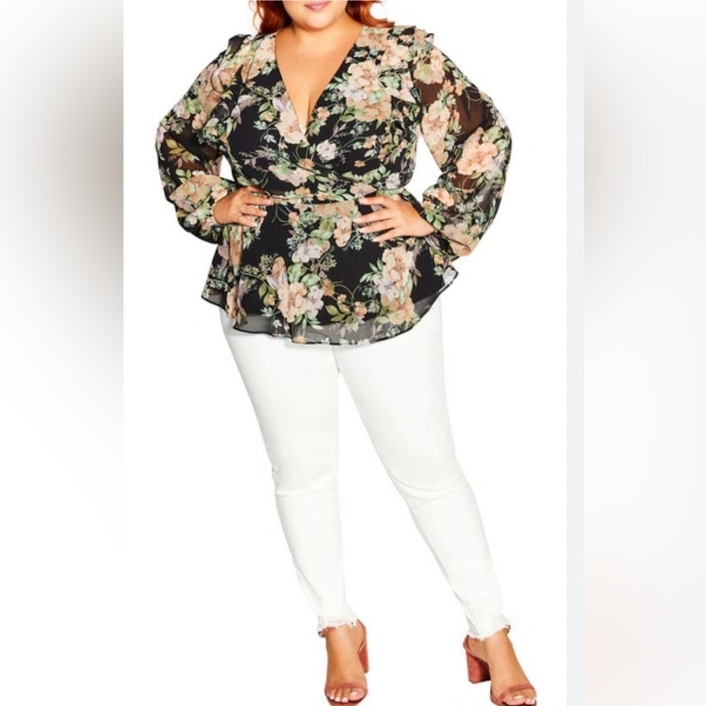 City Chic Ruby FloralLong Sleeve Blouse